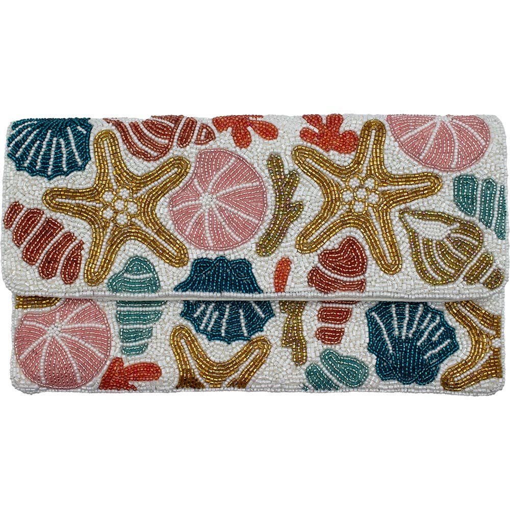 Seashell Beaded Clutch – Coastal Handmade Crossbody Bag with Chain