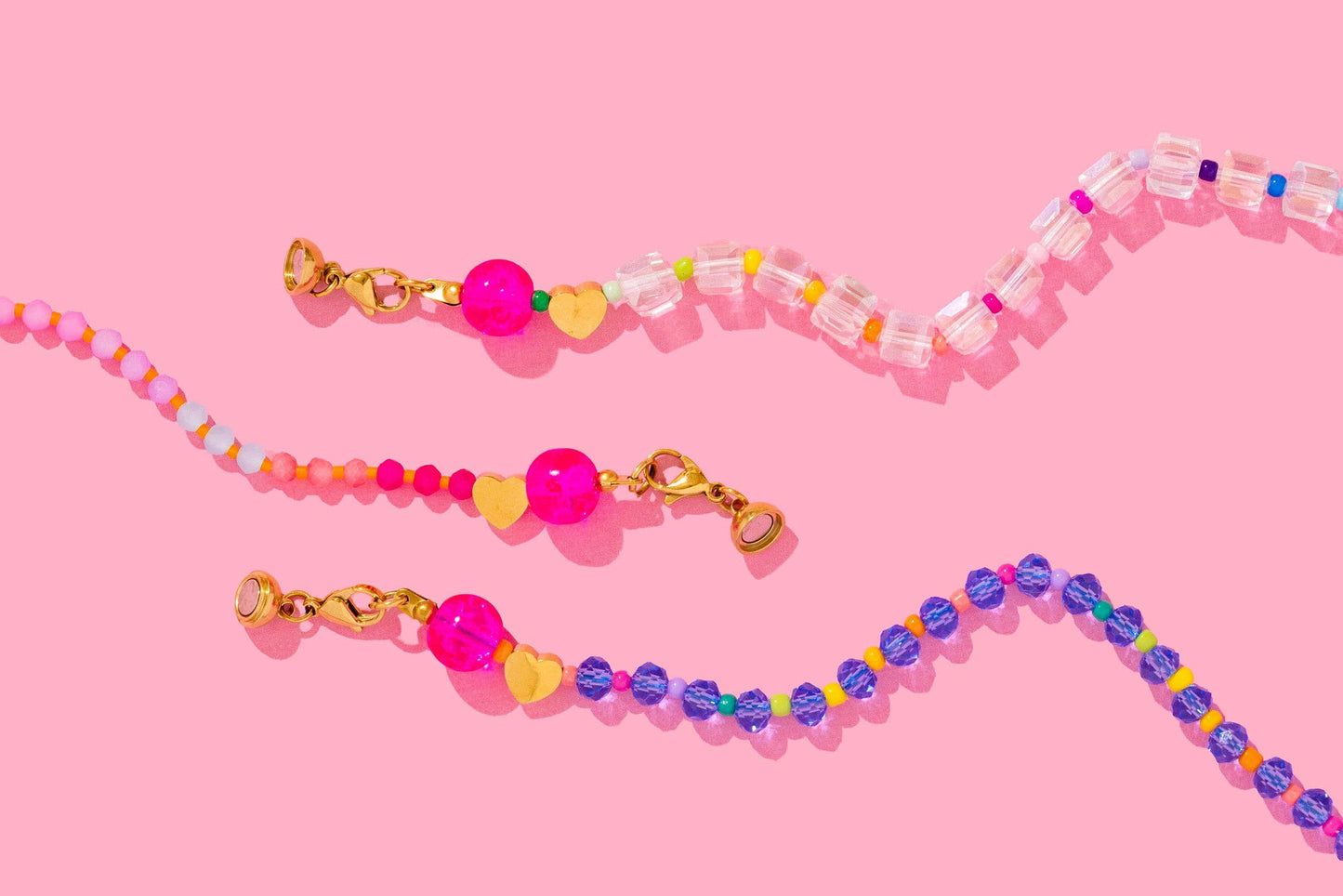 Beaded Necklace - Marbled Turquoise Hearts + Pink - Janey