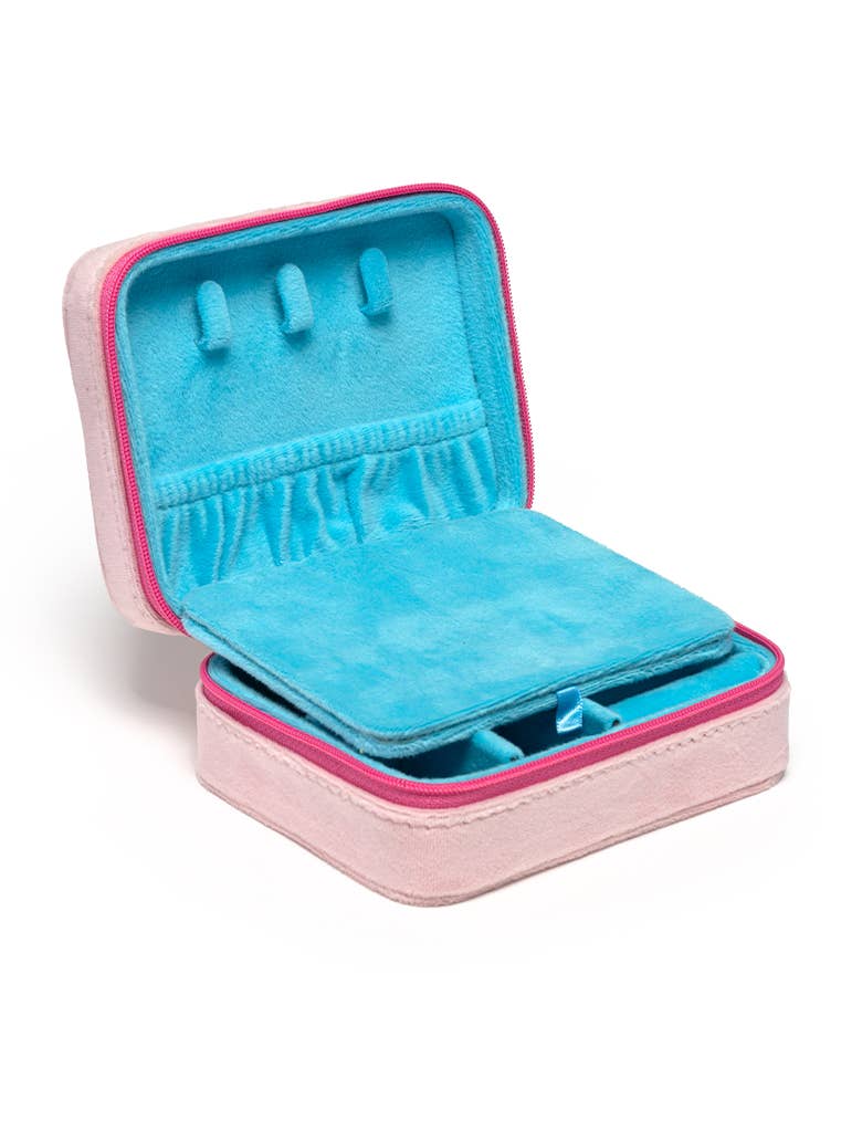 Pink Floral Velvet Jewelry Travel Case – Compact Jewelry Organizer with Mirror