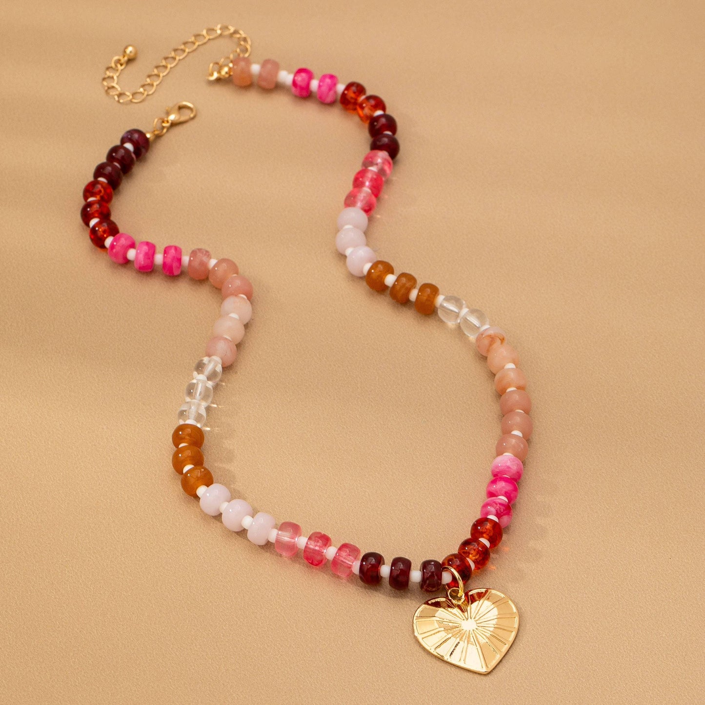 Beaded Chain Heart Charm Necklace Gold Plated