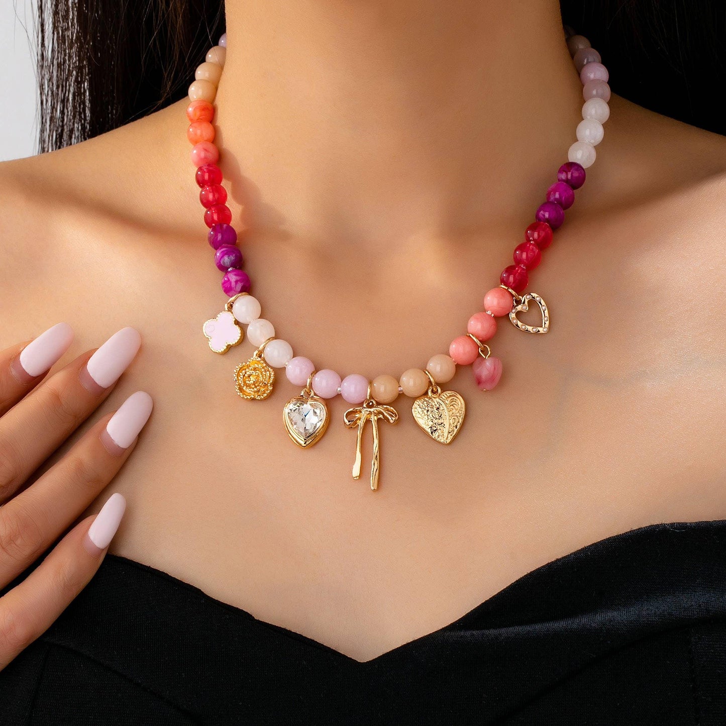 Pastel Beaded Bow & Heart Charm Necklace Pink Purple