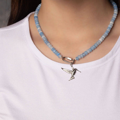 Stainless Steel  Blue Chunky Glass Bead Carabiner Necklace