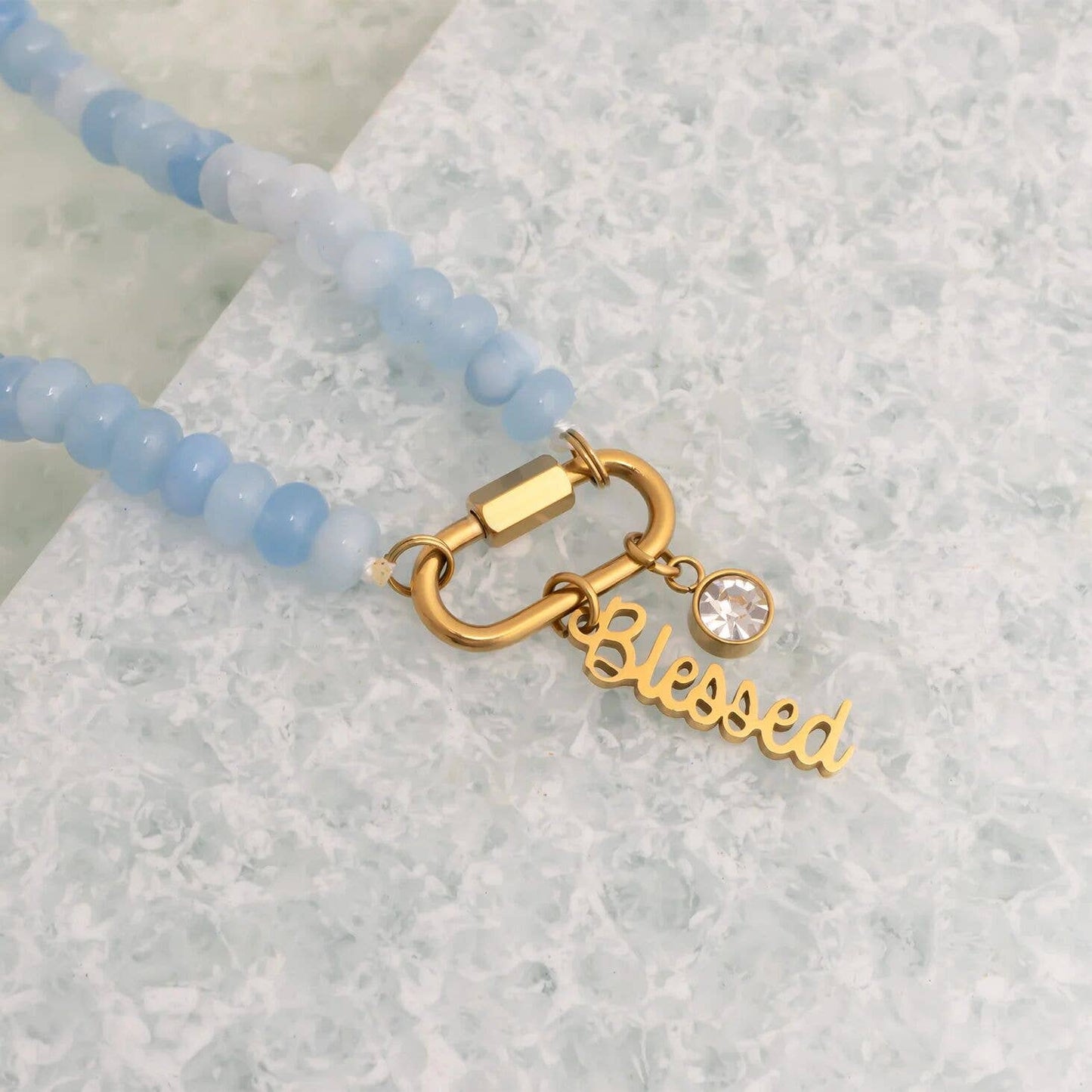 Stainless Steel  Blue Chunky Glass Bead Carabiner Necklace