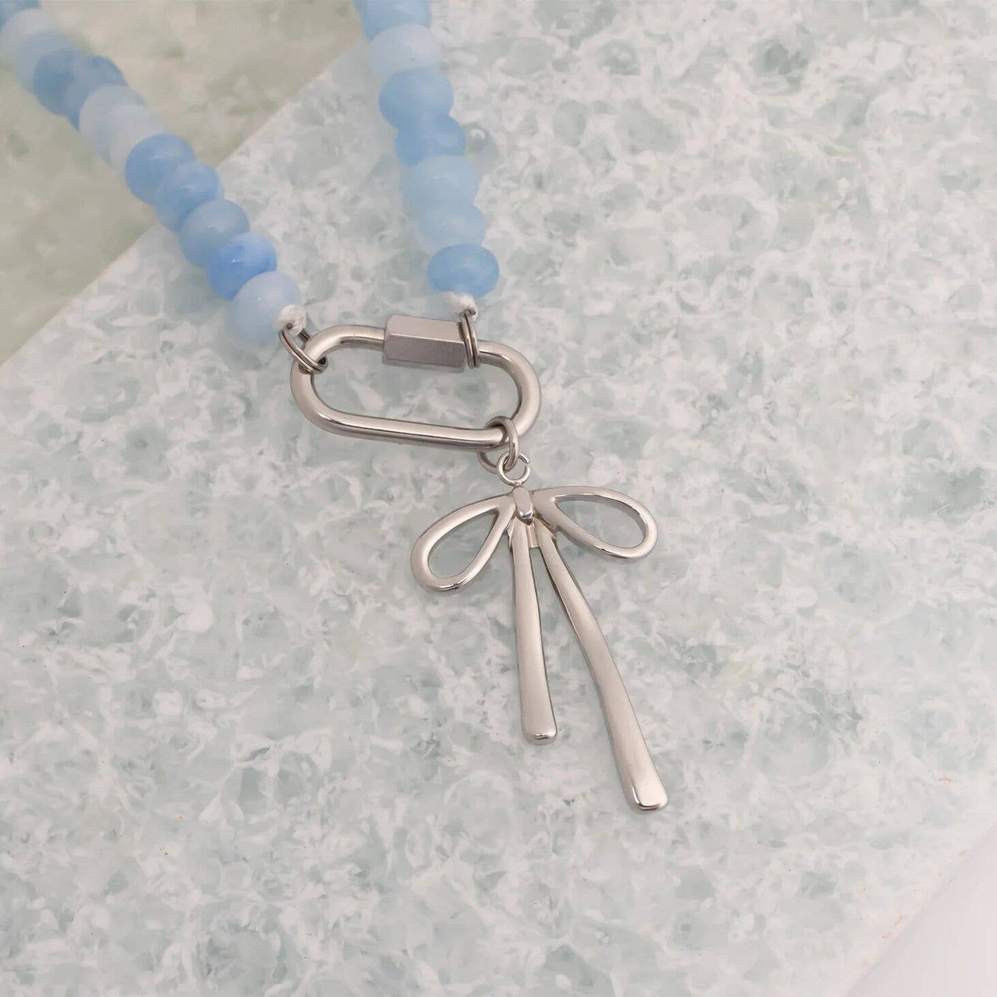 Stainless Steel  Blue Chunky Glass Bead Carabiner Necklace