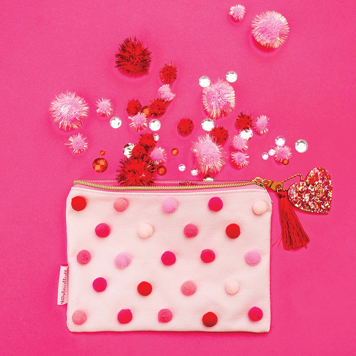 Medium Red & Pink Pom-Pom Pouch – Gingham Cosmetic & Organizer Bag