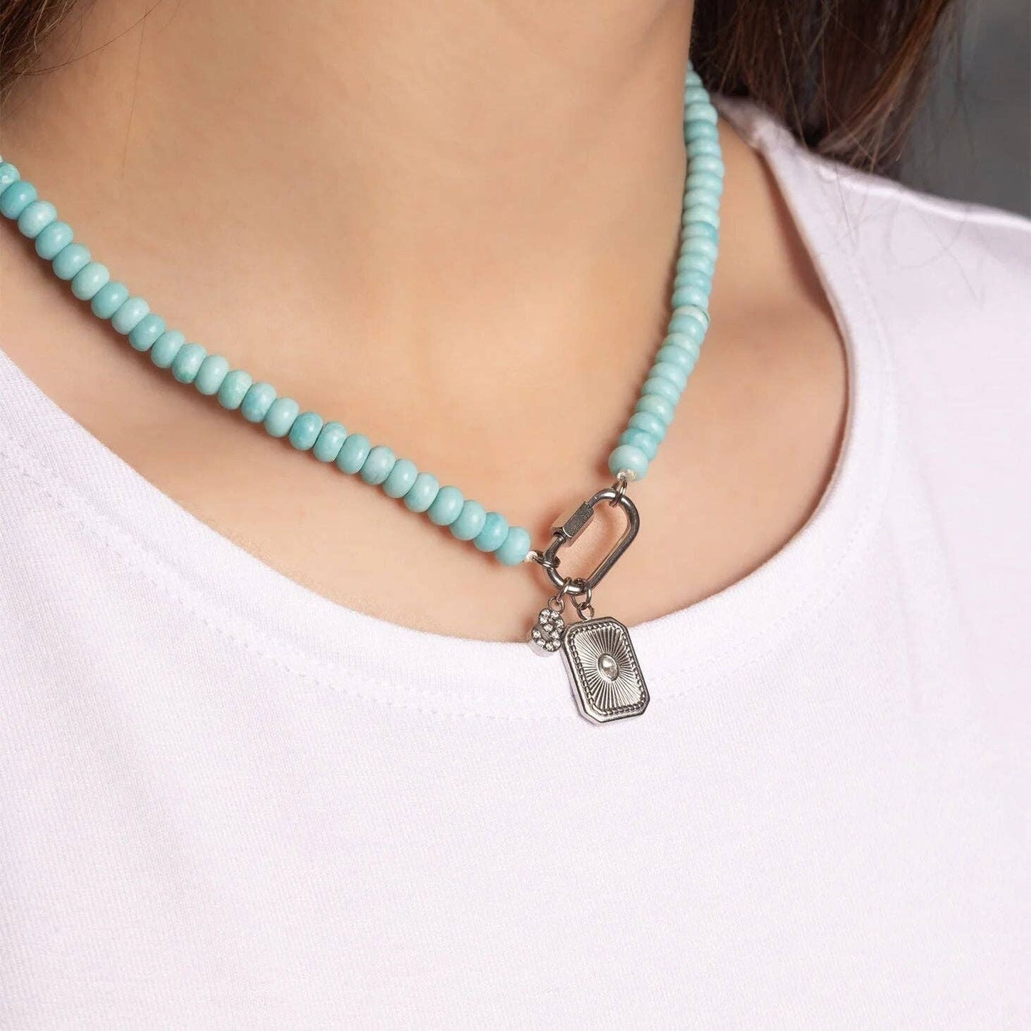 Stainless Steel Turquoise Chunky Bead Carabiner Necklace