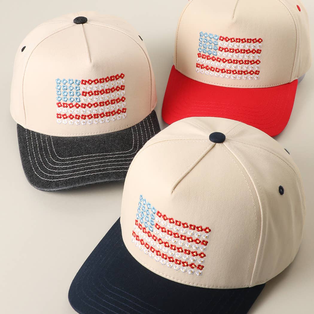 Floral American Flag Embroidered Two-Tone Denim Trucker Hat