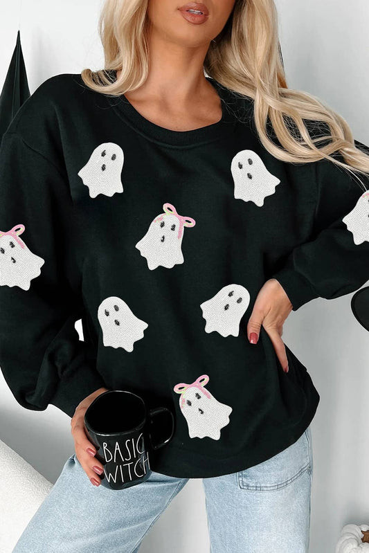 Sequin Cute Bow Ghost Graphic Crew Neck Halloween Sweatshirt