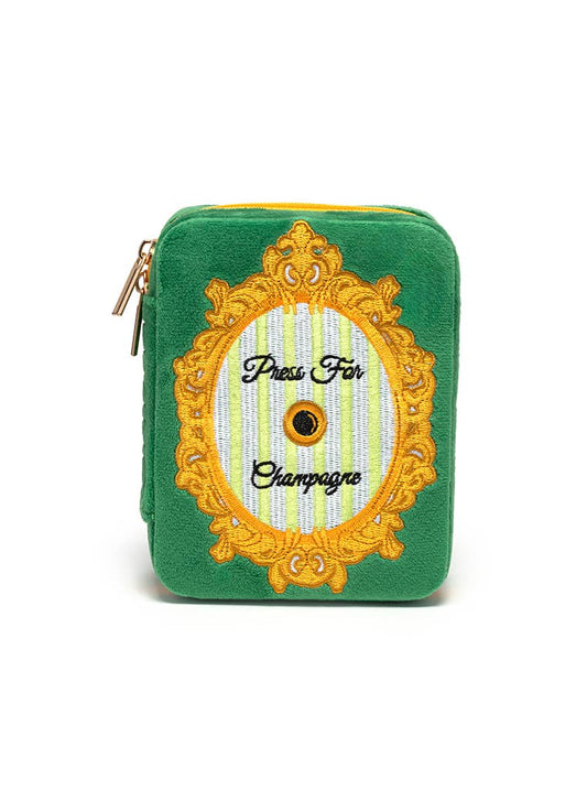 “Press for Champagne” Velvet Jewelry Travel Case – Compact Jewelry Organizer with Mirror