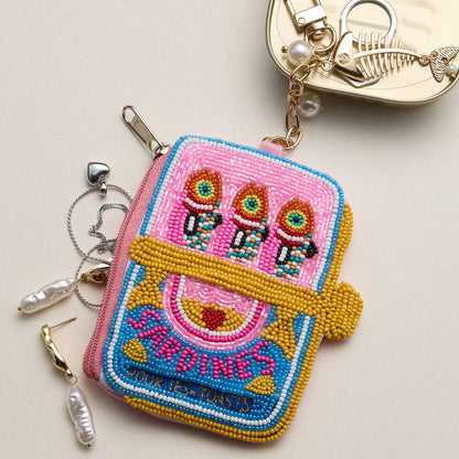 🐟 Sardine Beaded Coin Purse Keychain – Mini Zipper Pouch Bag Charm