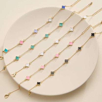 Gold Clover Charm Bracelet – Elegant Dainty Chain with Enamel Accents