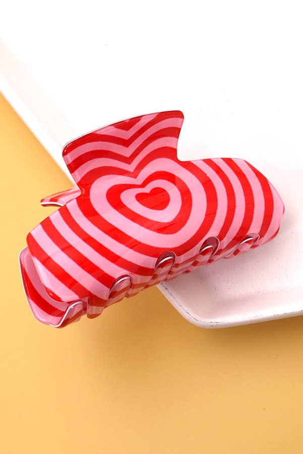 Retro Heart & Checkered Hair Claw Clip – Red & Pink Swirl