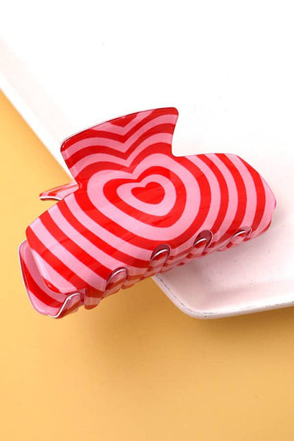 Retro Heart & Checkered Hair Claw Clip – Red & Pink Swirl
