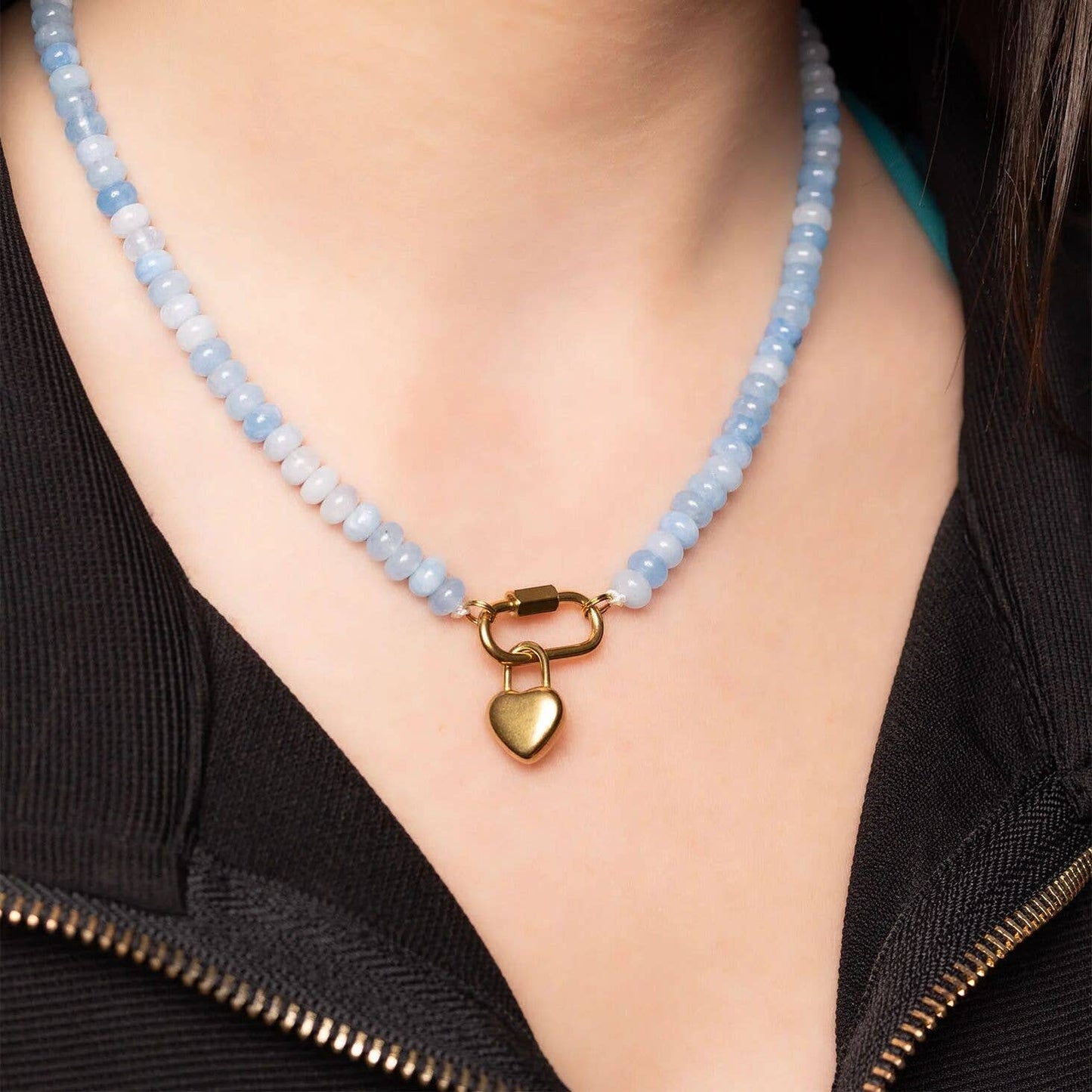 Stainless Steel  Blue Chunky Glass Bead Carabiner Necklace