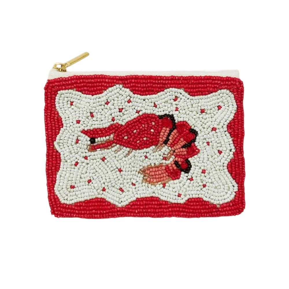 🦞 Lobster Beaded Mini Pouch – Coastal Zipper Clutch Bag