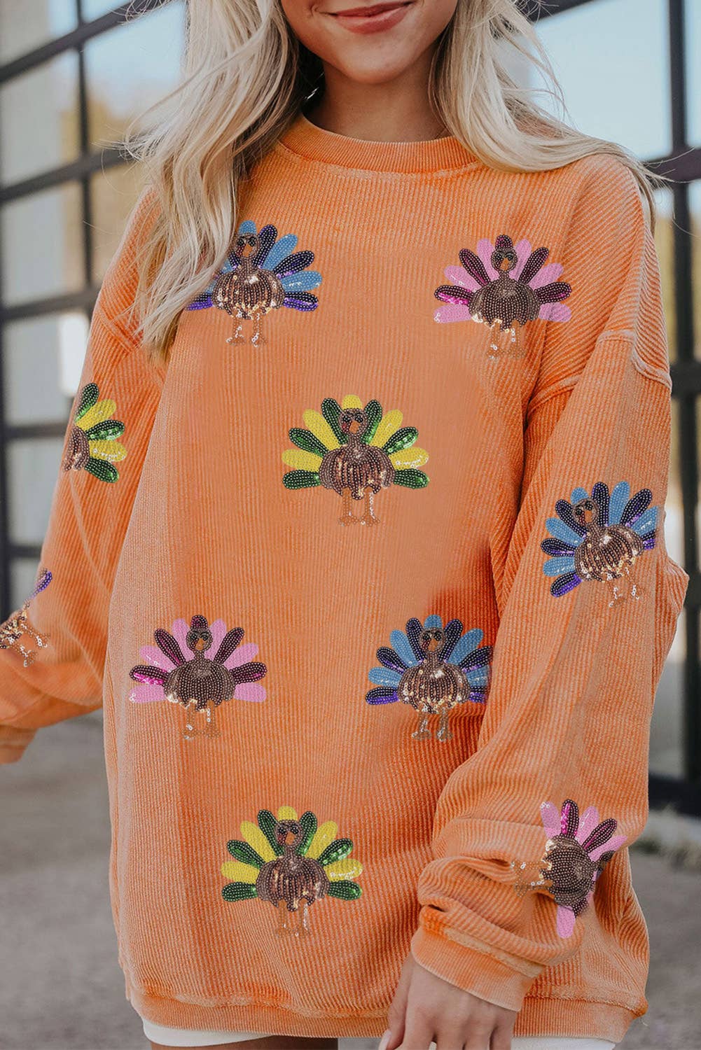 Sequin Turkey Graphic Corded Baggy Sweatshirt