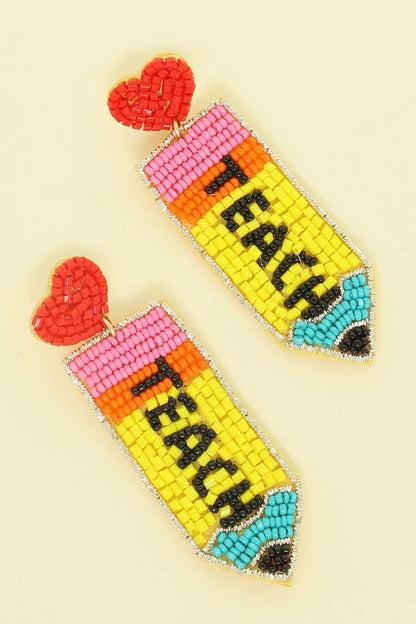 Colorblock Heart Pencil Seed Beaded Post Dangle Earrings