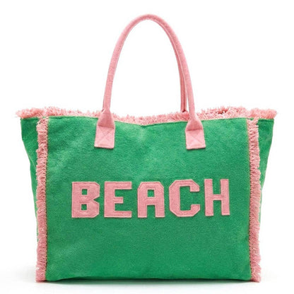 BEACH Letter Embroidery Terry Cloth Frayed Shoulder Tote Bag
