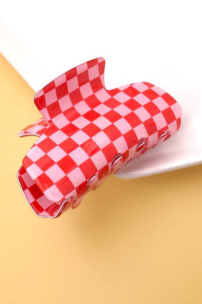 Retro Heart & Checkered Hair Claw Clip – Red & Pink Swirl