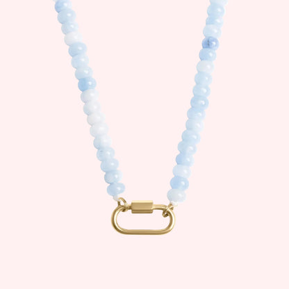 Stainless Steel  Blue Chunky Glass Bead Carabiner Necklace