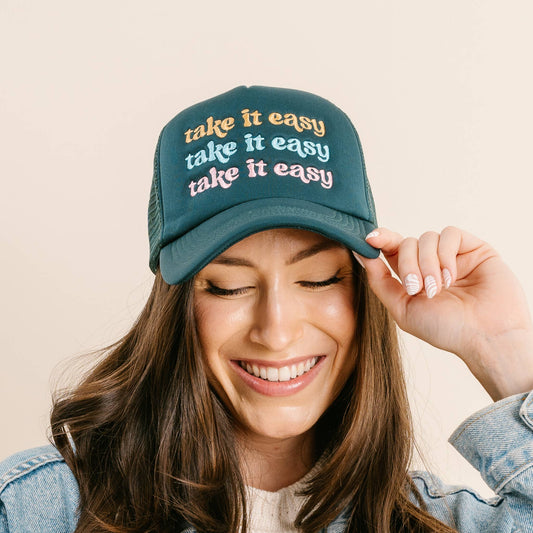 🧢 Take It Easy Trucker Hat – Embroidered Mesh Back Baseball Cap
