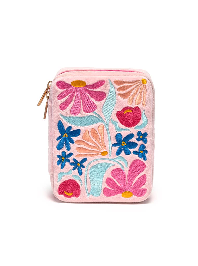 Pink Floral Velvet Jewelry Travel Case – Compact Jewelry Organizer with Mirror