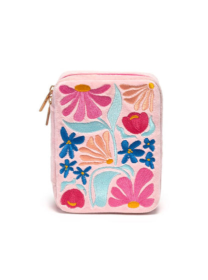 Pink Floral Velvet Jewelry Travel Case – Compact Jewelry Organizer with Mirror