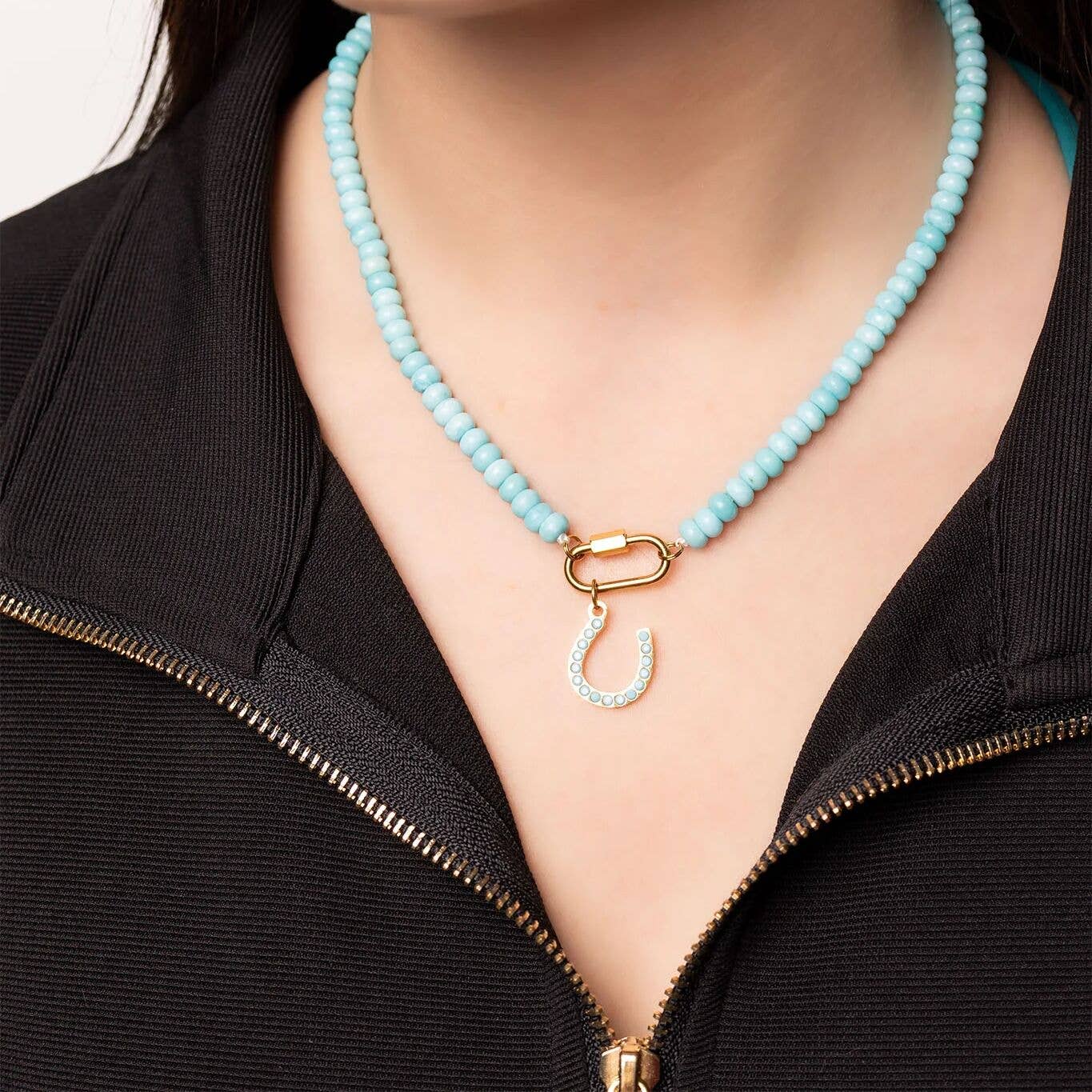 Stainless Steel Turquoise Chunky Bead Carabiner Necklace