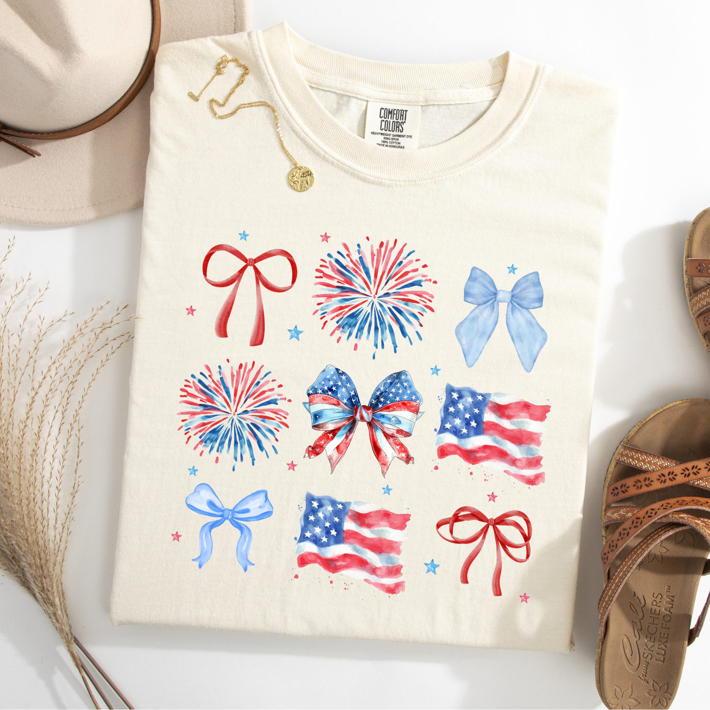 America Fireworks Bow Graphic Tee – Preppy July 4th Comfort Colors Shirt