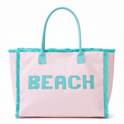 BEACH Letter Embroidery Terry Cloth Frayed Shoulder Tote Bag