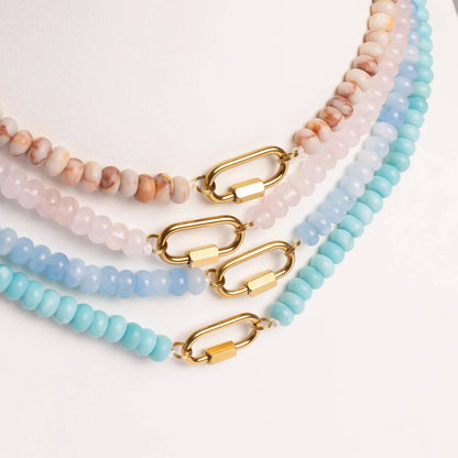 Stainless Steel  Blue Chunky Glass Bead Carabiner Necklace