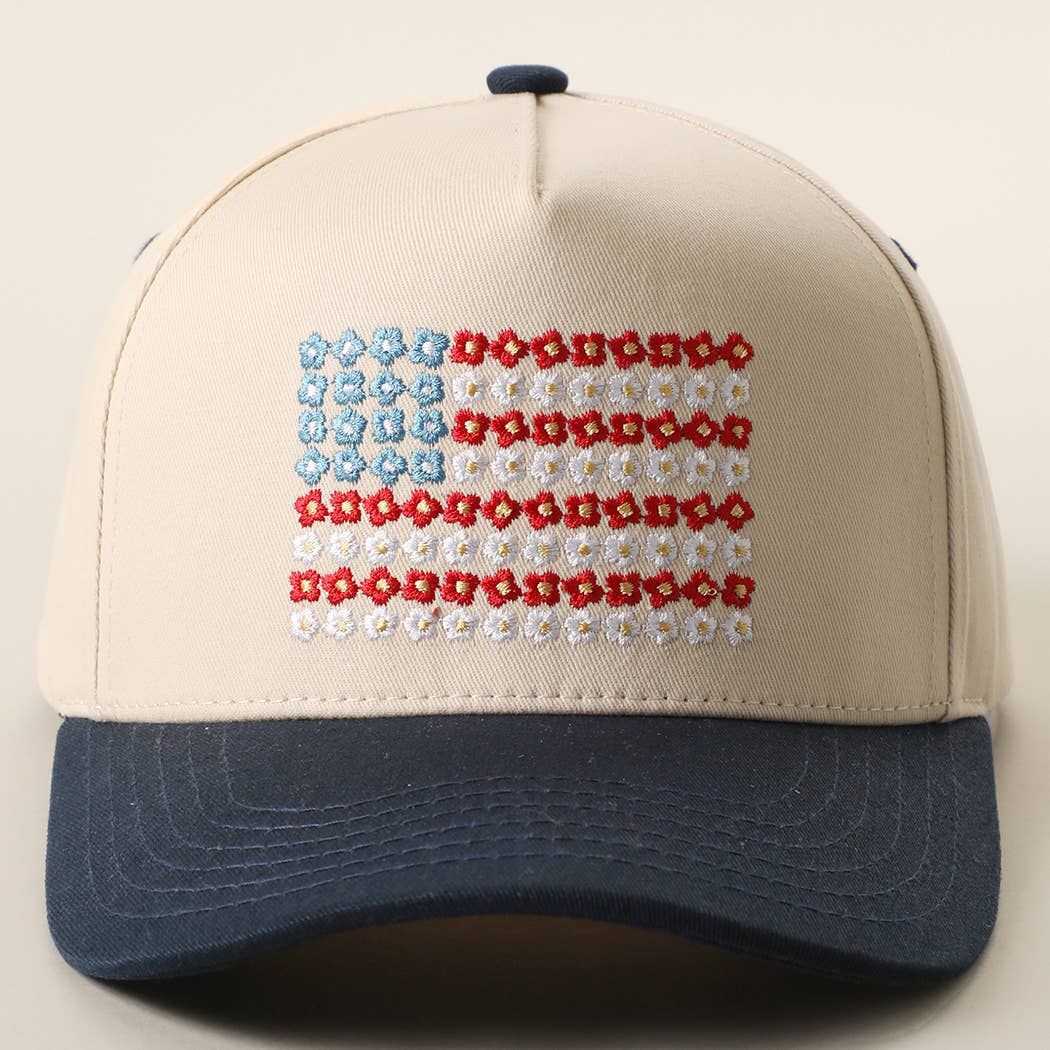 Floral American Flag Embroidered Two-Tone Denim Trucker Hat