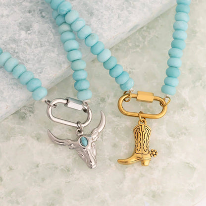 Stainless Steel Turquoise Chunky Bead Carabiner Necklace