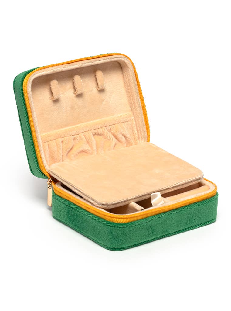 “Press for Champagne” Velvet Jewelry Travel Case – Compact Jewelry Organizer with Mirror