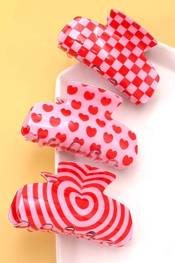 Retro Heart & Checkered Hair Claw Clip – Red & Pink Swirl
