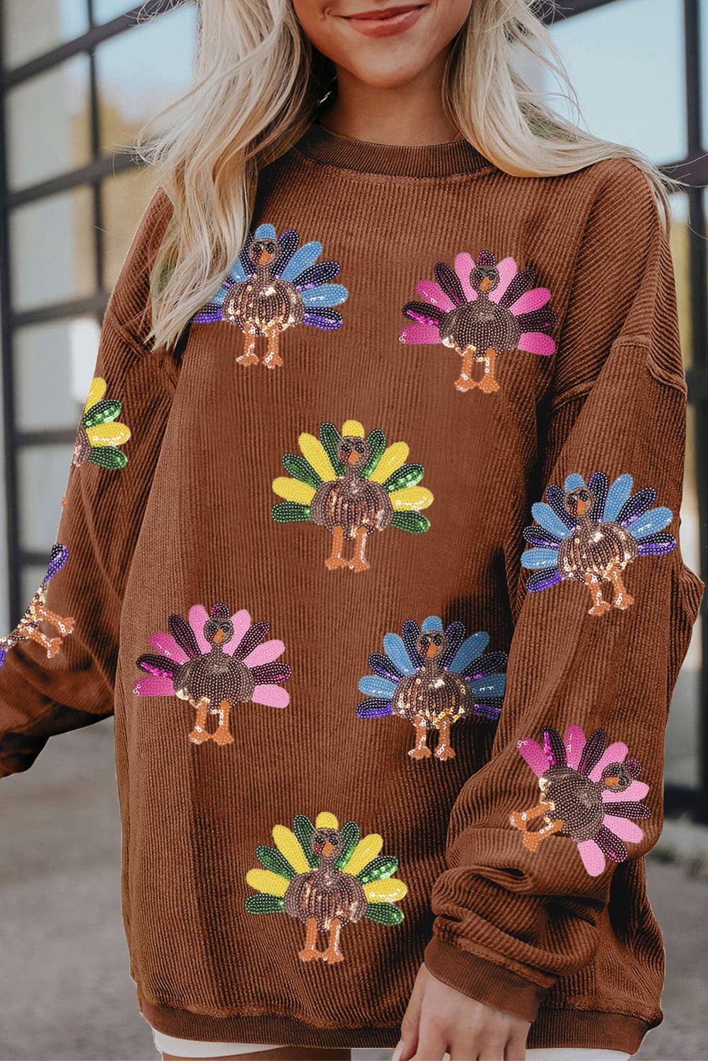 Sequin Turkey Graphic Corded Baggy Sweatshirt