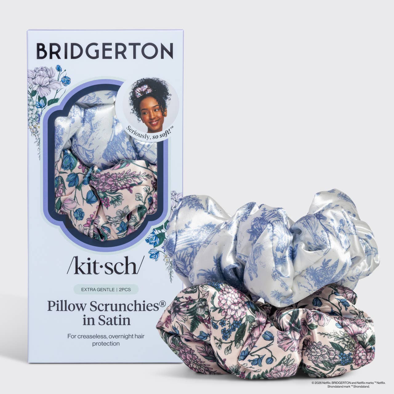 Bridgerton x Kitsch Satin Pillow Scrunchies – Toile in Bloom Hair Scrunchie Set