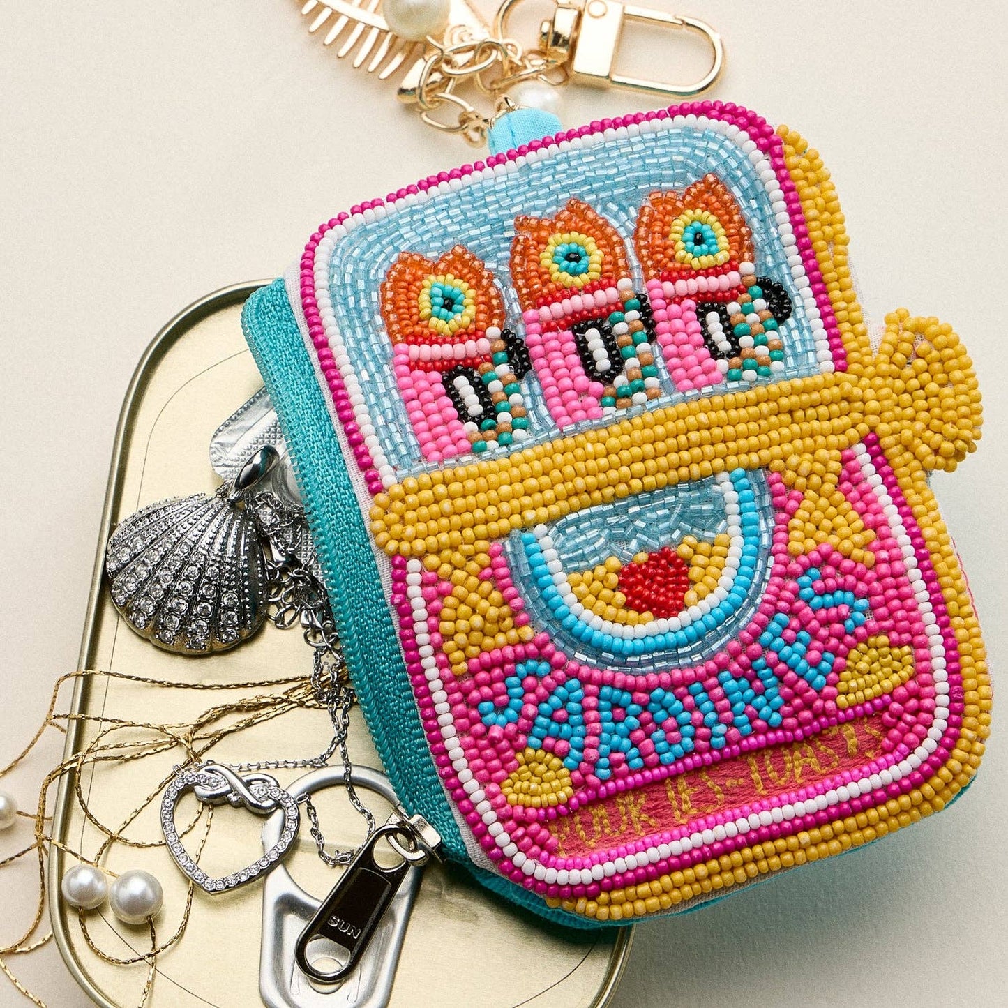🐟 Sardine Beaded Coin Purse Keychain – Mini Zipper Pouch Bag Charm