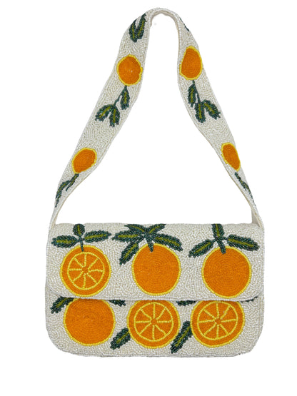 Citrus Orange Beaded Floral Clutch Bag – Handmade Glass Bead Crossbody (9" x 6")