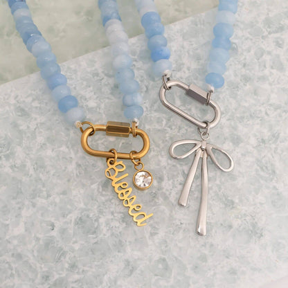 Stainless Steel  Blue Chunky Glass Bead Carabiner Necklace