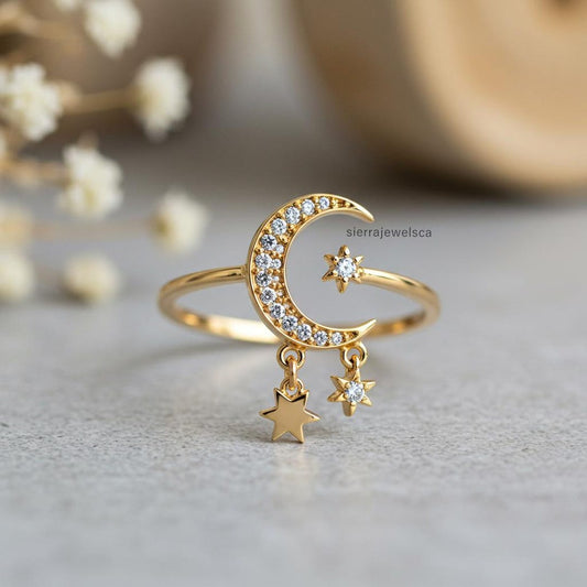 Crescent Star Dangle Adjustable Ring