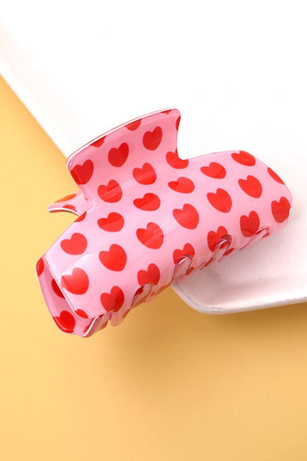 Retro Heart & Checkered Hair Claw Clip – Red & Pink Swirl