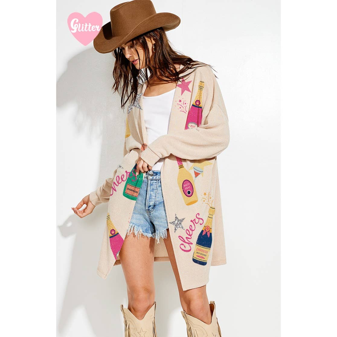 Holiday Cheers Glitter Print Knit Cardiga