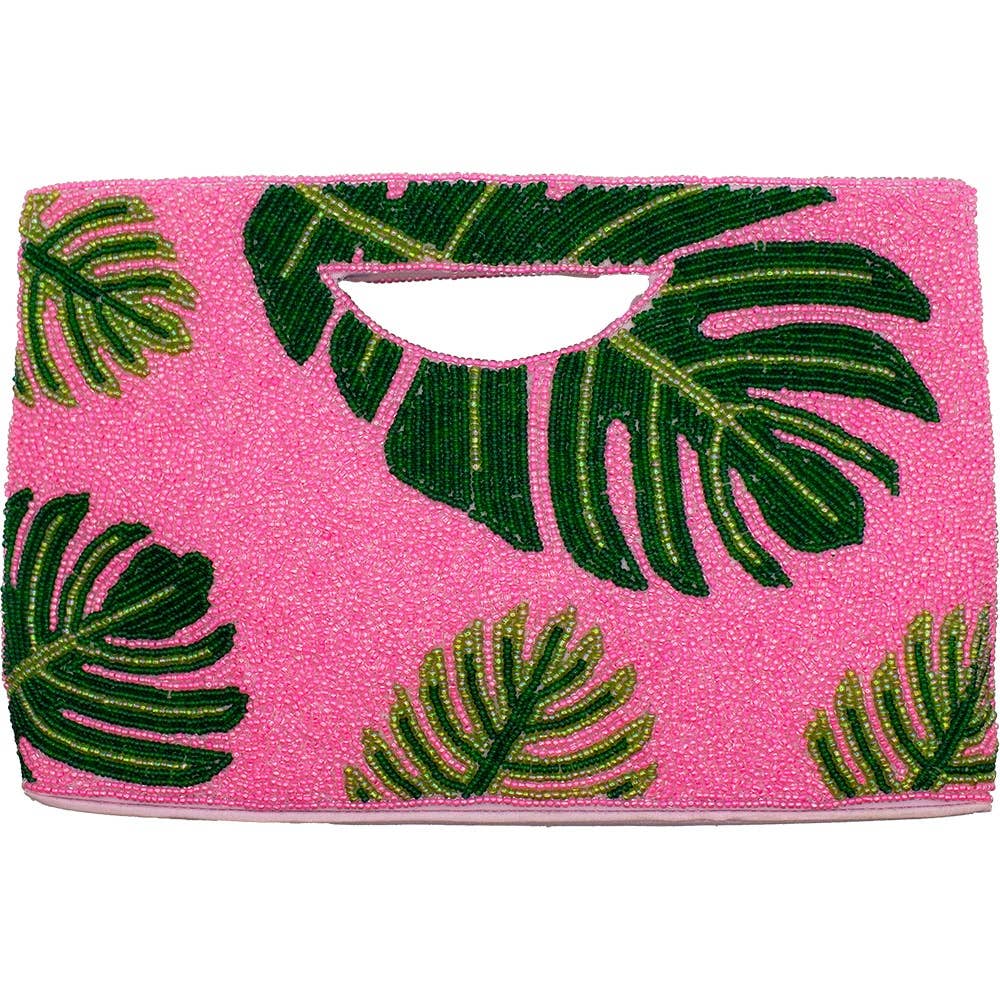 Hot Pink Palm Leaf Beaded Handbag – Tropical Statement Clutch (10" x 6")