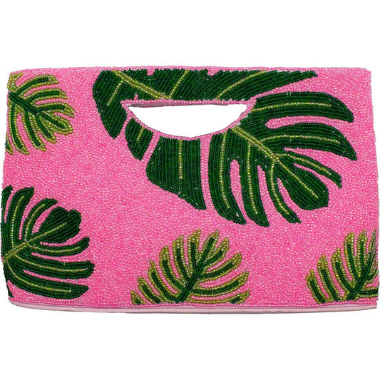 Hot Pink Palm Leaf Beaded Handbag – Tropical Statement Clutch (10" x 6")