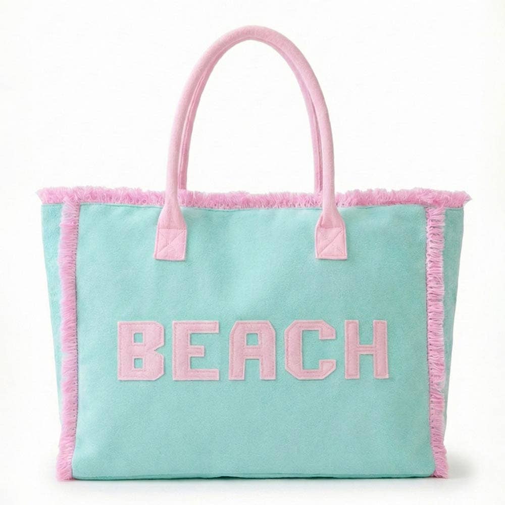 BEACH Letter Embroidery Terry Cloth Frayed Shoulder Tote Bag