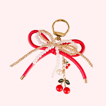 🎀 Cherry Bliss Layered Bows Bag Charm – Statement Keychain Accessory