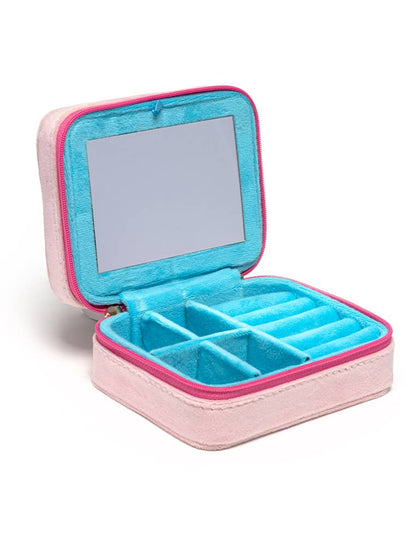 Pink Floral Velvet Jewelry Travel Case – Compact Jewelry Organizer with Mirror