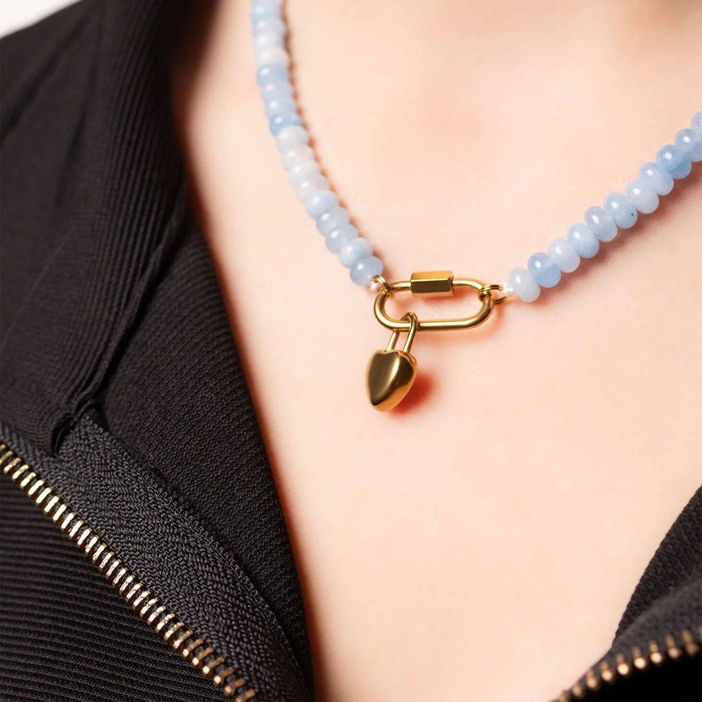 Stainless Steel  Blue Chunky Glass Bead Carabiner Necklace