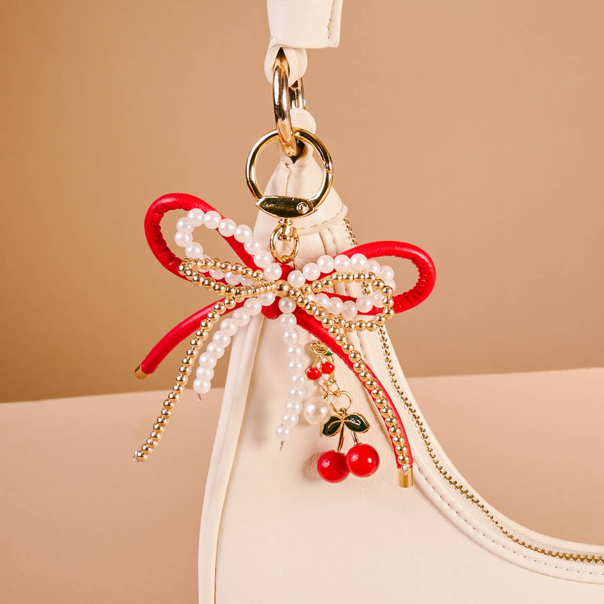 🎀 Cherry Bliss Layered Bows Bag Charm – Statement Keychain Accessory